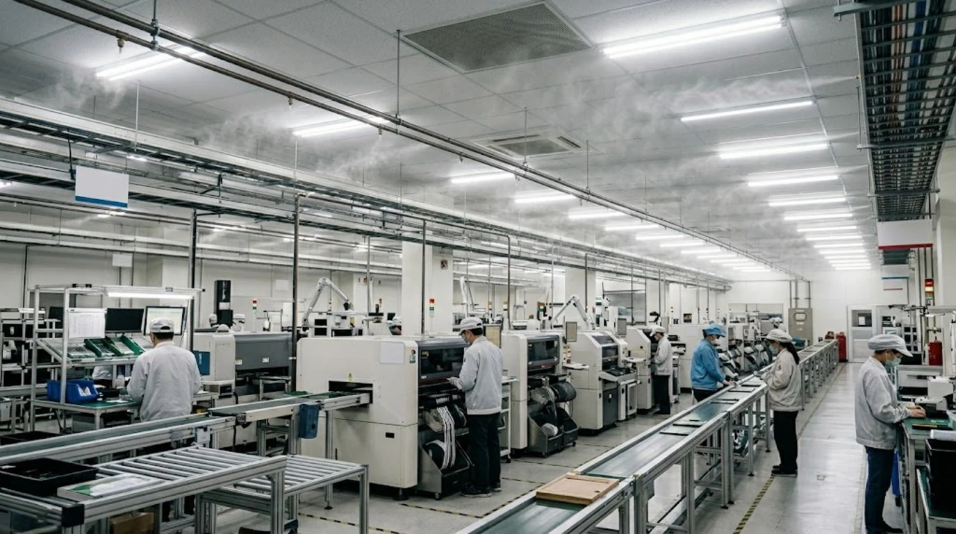 Anti-static and dust adhesion mitigation via humidity control on production lines