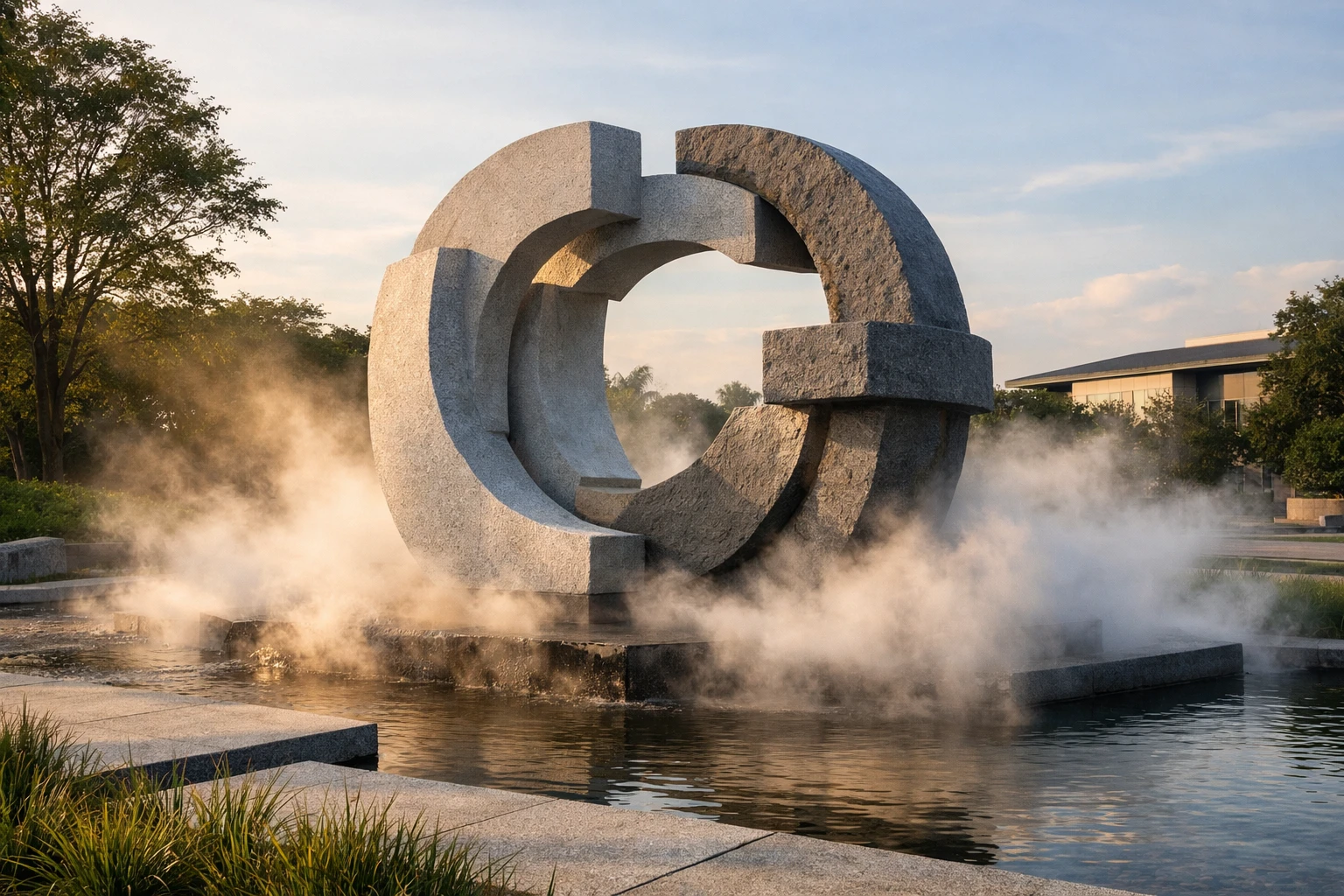 Artistic misting kinetic installation creating immersive fog effects in a landscaped park