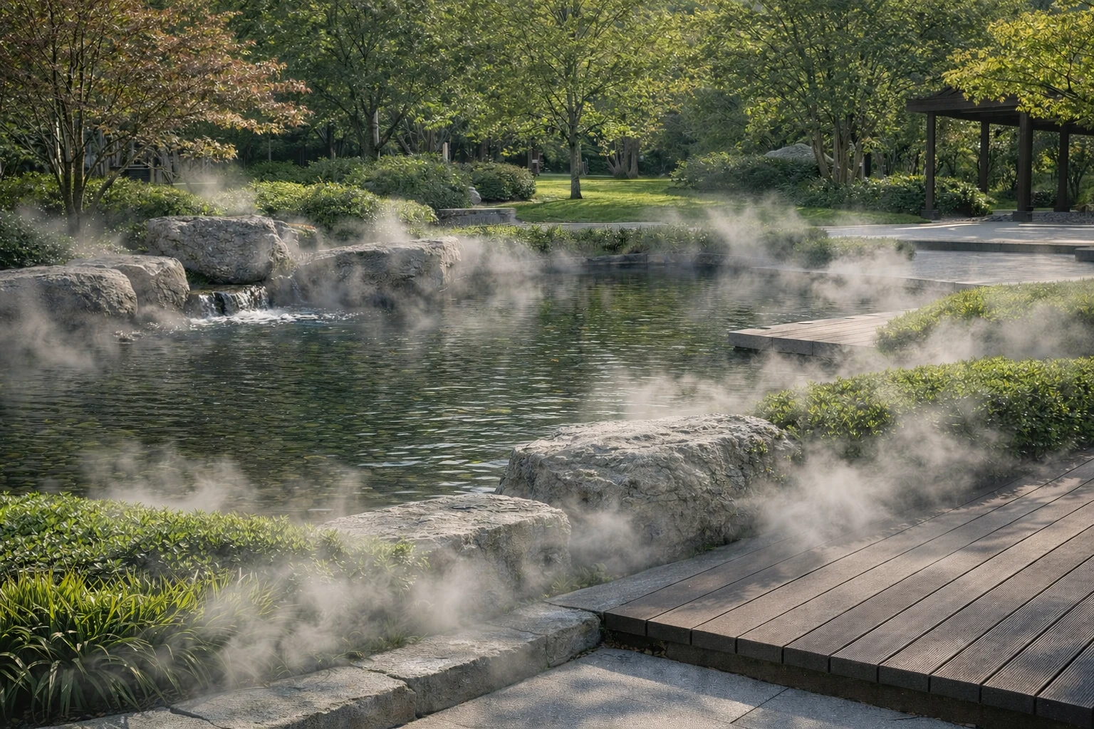 Outdoor landscape mosquito interference mitigation using misting around water features