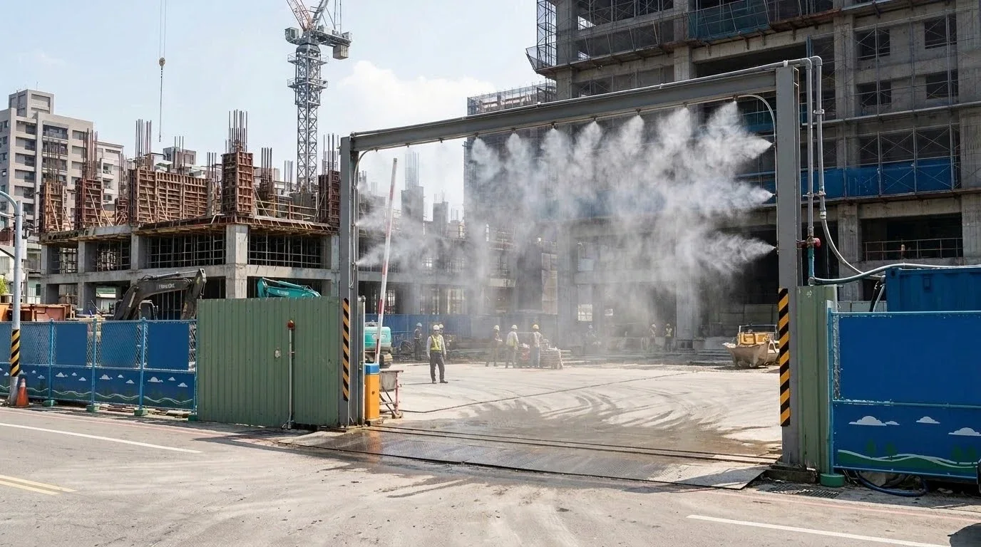Construction-site entrance misting for dust suppression and zoned control